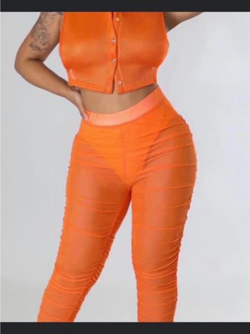 High-Waist Sheer Ruched Leggings - Orange